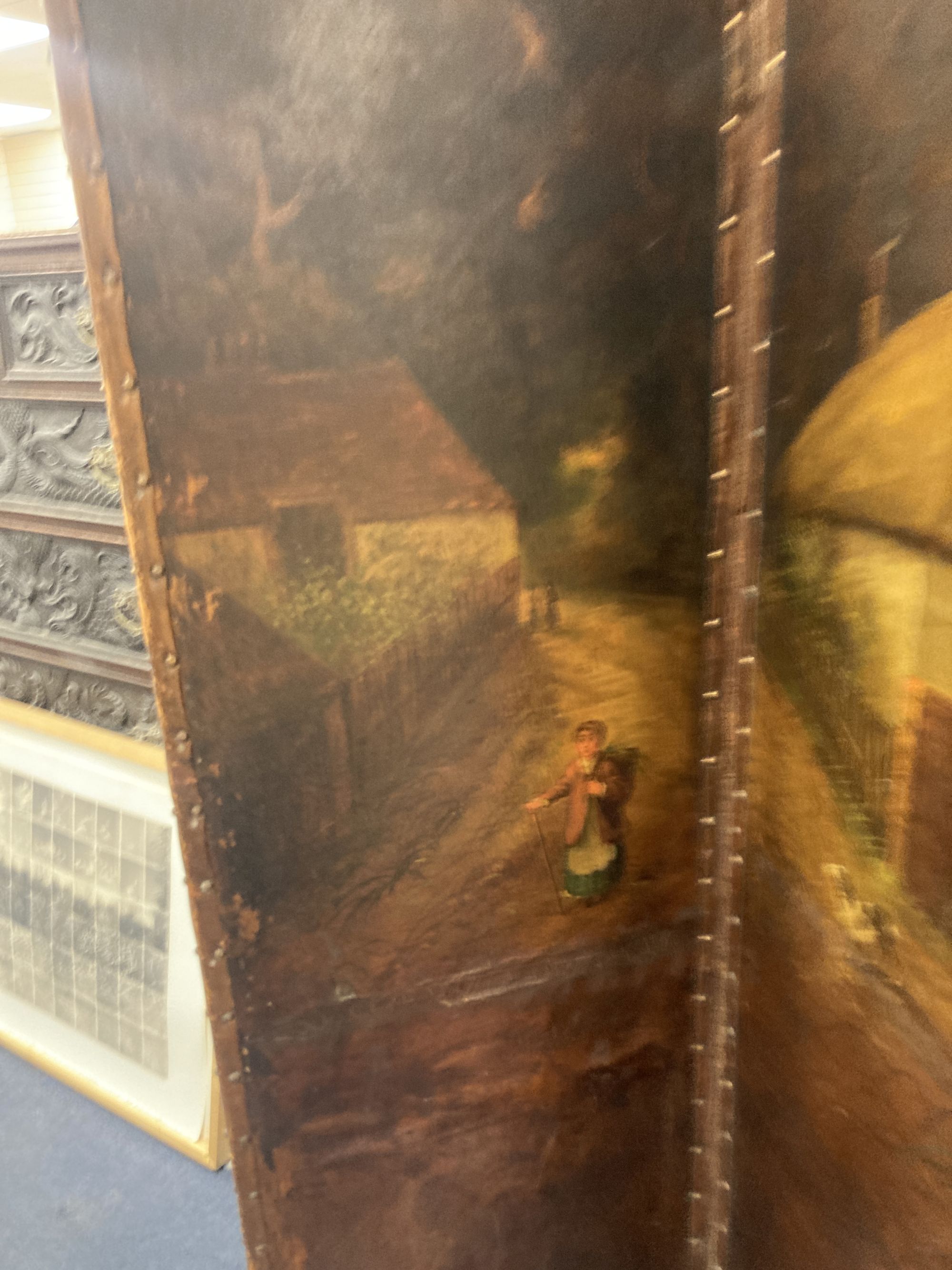 A Victorian four fold painted canvas dressing screen, each screen width 46cm, height 172cm